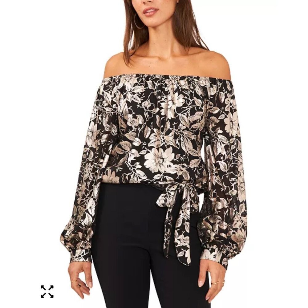 MST Women's Floral Metallic-Chiffon Balloon-Sleeve Top Size M NWT